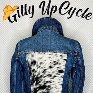 Upcycled Cropped B/W beautiful genuine Cowhide Jean Jacket w/silver concho "S"
